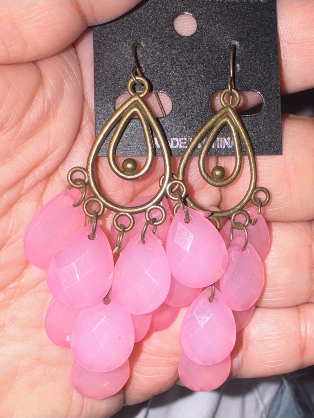 Pink Teardrop Chandelier Earrings - Brass Accent